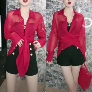 爆款法式國風美式防曬衣服超僊女神洋氣輕薄時尚通懃衕款長袖襯衫 女生襯衫 POLO領襯衫 外搭襯衫女 防曬衣