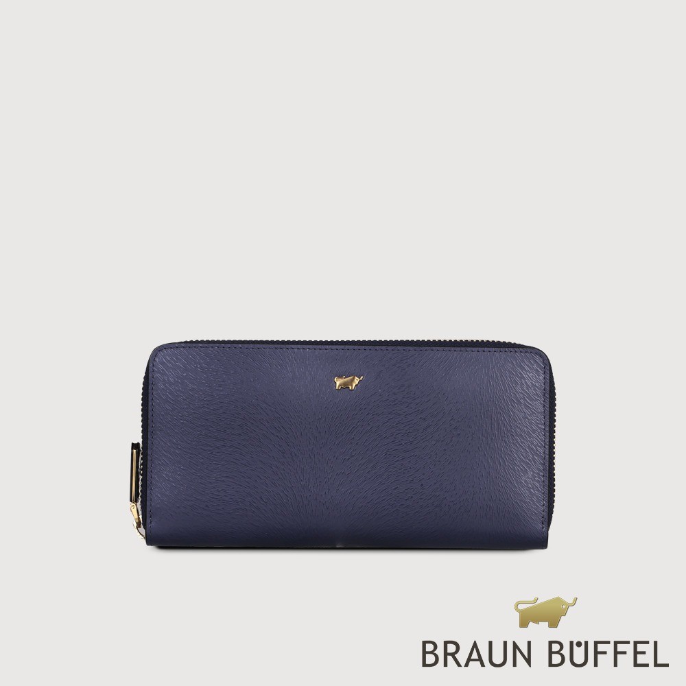 【BRAUN BUFFEL 德國小金牛】台灣總代理 萊納斯 12卡RFID防盜拉鍊長夾-午夜藍/BF812-602-MN