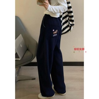 冬季韓國卡通臘腸狗刺繡口袋加絨加厚保暖顯瘦百搭直筒女褲 大尺碼長褲 休閒長褲 顯瘦長褲 氣質穿搭 長褲女