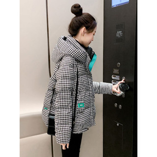 【免運】冬季新款女裝時尚千鳥格保暖氣質冬外套長袖連帽羽絨棉服短版