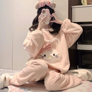 see 保暖睡衣 加絨睡衣 居家服 長袖睡衣 日系可愛軟萌卡通kt貓珊瑚絨睡衣女新款冬季法蘭絨加厚家居服套裝