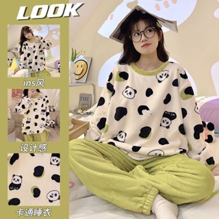 🌸臺灣限價免運🌸鹿鹿 可愛珊瑚絨睡衣女秋冬季加絨圓領家居服甜美日系宿舍法蘭絨套裝女