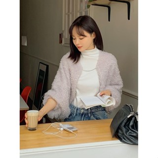 Codibook｜韓國 RIRINCO 柔軟皮草鏈結短版無領外套［預購］針織外套 毛大衣 女裝