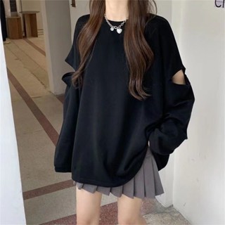 𝑩𝑮 大碼女裝 春秋裝新款袖口破洞長袖T恤女 學生上衣 小個子設計感上衣 寬鬆百搭長袖 女裝