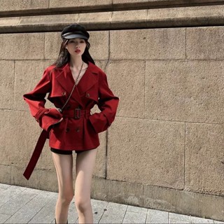 〖ZMX〗紅色風衣外套女 小個子2024秋冬款 高階感 雙排扣 時髦百搭 中長款上衣