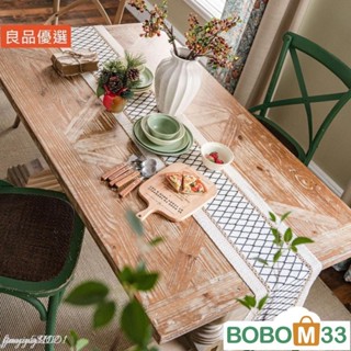 BOM33❤可訂製 棉麻桌布 長桌布 簡約桌旗 美式鄉村風長桌旗 菱形桌巾 桌墊[BM003] 撞色黑棉線編織流蘇桌布