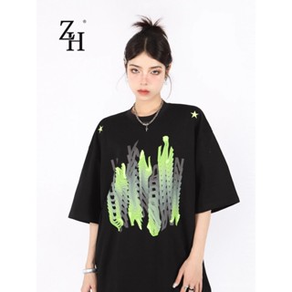 短袖 T恤 短袖上衣 ins風衣服 ZH100%純棉美式複古幻影短袖T恤女夏設計感小眾oversize情侶上衣