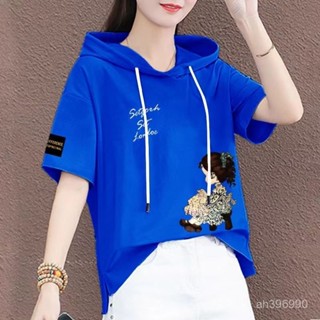 🌸可可裡🌸100%純棉 短袖T恤 女 2024年 夏裝新款 韓版寬鬆休閒ins 上衣 連帽衛衣 潮