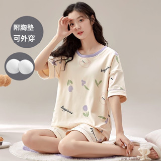 帶胸墊100%純棉睡衣女短袖套裝女士大碼簡約家居服睡衣睡衣女大尺碼睡衣居家睡衣居家服女生睡衣可愛睡衣休閒甜美睡衣睡衣套裝