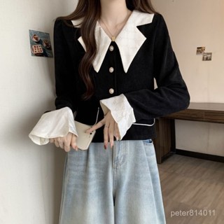 【PE】2025襯衫新款燈芯絨法式大碼娃娃秋季香風撞色上衣短款polo領外套