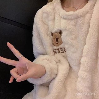【PE】ins新款睡衣女秋冬女士法蘭絨加絨加厚小熊學生可愛家居服套裝