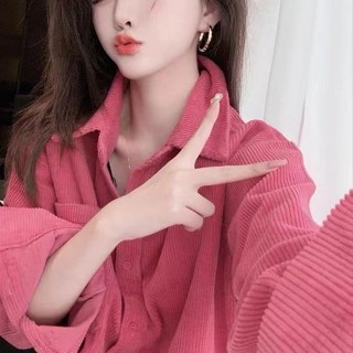Meet.You.韓係小香風粉色燈芯絨襯衫女春秋款寬鬆韓版外穿襯衣加厚外套