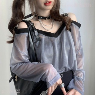 🌷臺灣出貨🌷微透露肩 網紗皮扣 吊帶T恤女 薄款夏季 辣妹設計感 ins 外套長袖 防曬衫 上衣女 長袖T恤 小眾