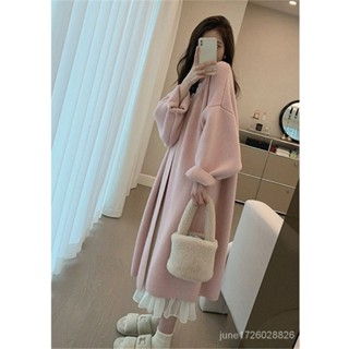 粉色浣絨中長版毛衣外套女秋冬外搭寬鬆慵懶風高級針織開衫大衣 韓版羊毛衫 寬鬆 針織外套 大尺碼 毛衣外套9309 O0S