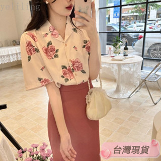 Twiggie❥襯衫襯衫外套女裝設計感寬鬆襯衫長袖上衣大尺碼襯衫法式複古玫瑰碎花襯衫女夏季時尚套裝年新款氣質半身