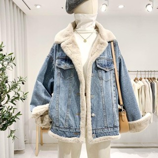 刷毛外套 女裝 冬天外套 保暖外套 加厚外套 防風外套 雙麵穿羊羔毛牛仔外套女 牛仔外套女 寬鬆 加絨 加厚棉服 大衣