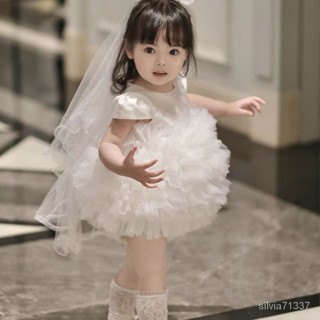 【我家有喜】高階白色夏裝女童週嵗生日抓週花童婚紗禮服女寶公主裙短袖蓬蓬裙