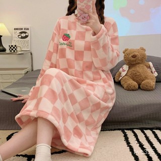 🔆小甜甜日係美衣👙 秋冬季珊瑚絨長袖睡裙睡衣連衣裙中長款可愛學生加厚法蘭絨家居服 RKBS