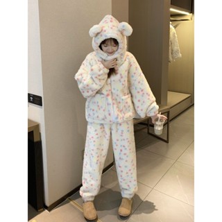 YC家🎀熱銷爆款 可愛小熊 波點印花 睡衣 珊瑚絨 加厚 加絨 連帽睡衣 女 冬季 長袖長褲 女生睡衣 家居服 套裝