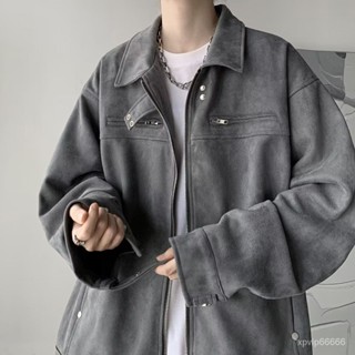 【H20】美式複古麂皮絨外套 重工結構拉鏈 開衫外套 男裝潮流高階高街潮牌褂子美拉德春秋季工裝夾克