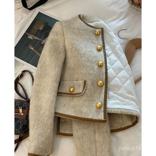 【PE】高階感灰色小香風外套女秋冬季韓係小個子時尚加厚棉衣短款上衣女