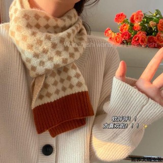 麗莎大碼加絨圍巾 秋冬保暖圍巾圍脖ins小眾格子針織毛線圍巾脖女秋冬季拼色韓版百搭學生