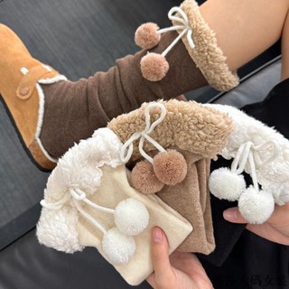 麗莎大碼加絨襪子 女生秋冬保暖襪子秋冬季襪子女加厚羊羔毛保暖可愛毛球jk日系ins過膝堆堆襪