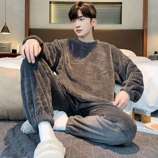 DUYI~夢詩 男士睡衣男秋冬季珊瑚絨長袖家居服套裝加厚保暖圓領套頭可外穿