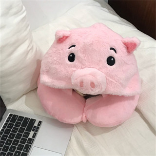 連帽U型枕 U型枕護頸枕 午睡枕 頸枕連帽枕頭 ins少女心粉色小豬u型枕連帽毛絨保暖冬季辦公室午睡枕旅行護頸枕