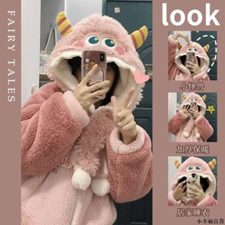 【桃園新品】珊瑚絨小怪獸睡衣女秋冬新款加絨家居服套裝可愛卡通連帽睡袍 睡袍 冬天睡衣 保暖睡衣 家居服