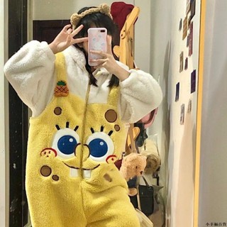 【桃園新品】珊瑚絨海綿寶寶連體睡衣女年新款冬季加厚可外穿家居服一體式 睡袍 居家服 保暖睡衣