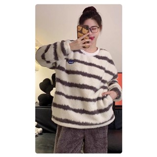 【加厚加絨】珊瑚絨睡衣女 秋冬季加厚睡衣 長袖長褲睡衣 加絨加厚保暖 條紋法蘭絨家居服套裝 春秋冬款套裝 兩件套可外穿睡