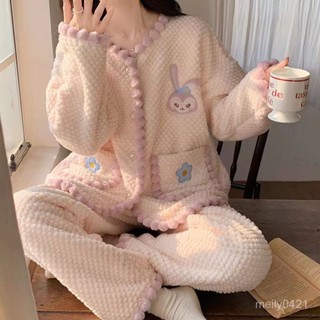 睡衣女秋冬季珊瑚絨加絨加厚法蘭絨可愛女士可外穿家居服套裝冬天