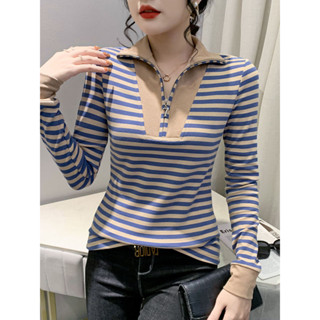 時尚拉鍊打底衫女秋冬歐貨設計感翻領上衣洋氣百搭條紋長袖T恤潮