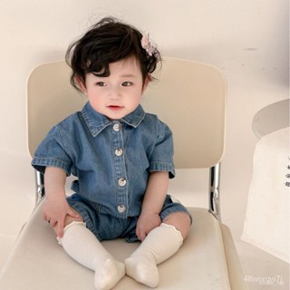 小象寶寶包屁衣 新生兒衣服 連體衣 嬰兒爬服 牛仔包屁衣 翻領口袋 嬰兒連體衣 寶寶爬服夏季 兒童包屁衣