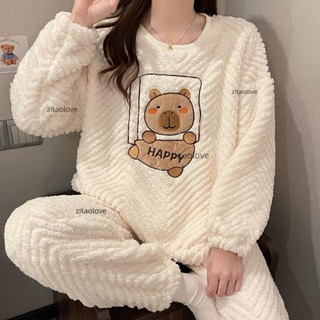 珊瑚絨睡衣女秋冬法蘭絨可外穿家居服加絨冬加厚學生卡皮巴拉套裝 可愛睡衣 居家服 睡裙女睡衣