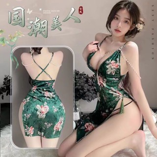 晝夜時分內衣衣櫥 性感情趣內衣古風套裝免脫開叉旂袍胸掛製服蕾絲珍珠誘惑民國睡裙