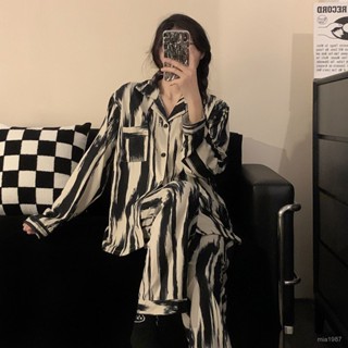 情侶睡衣女春秋款長袖長褲男士休閒網紅ins條紋宿捨家居服套裝夏