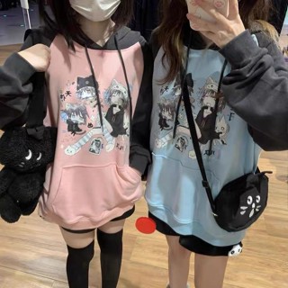 Meet.You.原創貓咪女孩印花宅萌係衛衣插肩袖輕亞文化連帽上衣長袖T恤女生