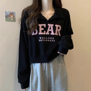 ✨少女感穿搭✨大碼胖mm短款polo領長袖衛衣女秋季韓版字母印花寬鬆顯瘦遮肚上衣
