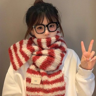 【臺灣發貨~冬日保暖】紅色條紋軟糯針織圍巾女2024年秋冬季韓係氛圍感百搭加厚保暖圍脖 DPON