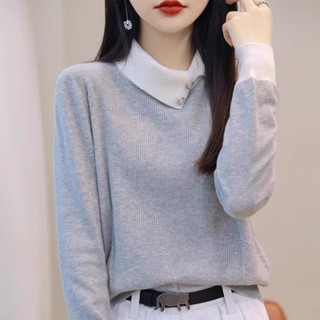 撞色長袖針織衫上衣女秋冬新款高階感毛衣外穿洋氣減齡翻領打底衫 韓版上衣 長袖上衣 顯瘦上衣 設計感上衣 氣質穿搭