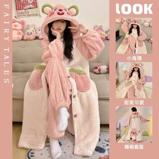🎉爆款新品🎉珊瑚絨睡衣女冬款加厚加絨長款睡袍卡通套裝露比法蘭絨學生家居服 秋冬 睡衣 睡袍 長袍 居家服 睡袍