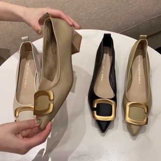 【GL SHOES】粗跟高跟鞋 百搭配裙子 韓式法式高跟鞋方扣粗跟單鞋2024秋季新款法式尖頭淺口低跟中跟奶奶鞋設計感女