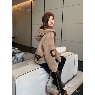 冬季新款短款連帽加厚卡其黃保暖羊羔毛顆粒絨外套女棒球服A11