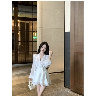 【Britney】韓國女裝洋裝 連身裙 甜辣風 禮服 晚宴服秋季氣質減齡收腰雪紡長袖連衣裙複古短裙女新款白色a字裙