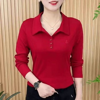 T恤長袖寬鬆POLO領中年媽媽裝減齡小衫Polo 長袖t恤 上衣女秋季新款翻領polo衫中年媽媽裝休閒女士 POLO衫