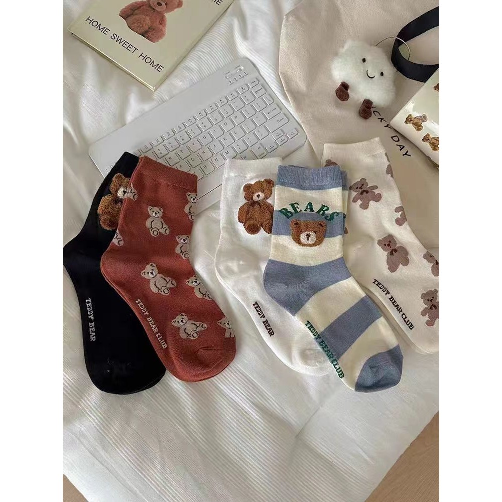 台灣出貨 韓版小熊植絨中筒襪 女生襪子 可愛襪子 泰迪小熊少女襪 長襪 復古 純色 日系可愛小熊襪 動物襪