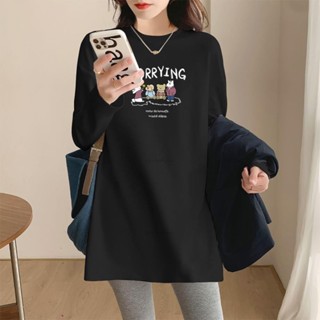 秋季新品🍂大尺碼上衣 長袖T桖 寬松卡通中長款上衣女 大碼胖mm100KG可穿 德絨保暖長袖t恤女 寬松顯瘦打底衫上衣