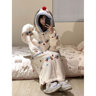 COSMOS 可愛臘腸狗珊瑚絨睡袍睡衣女秋冬款聖誕節卡通連帽加絨家居服套裝